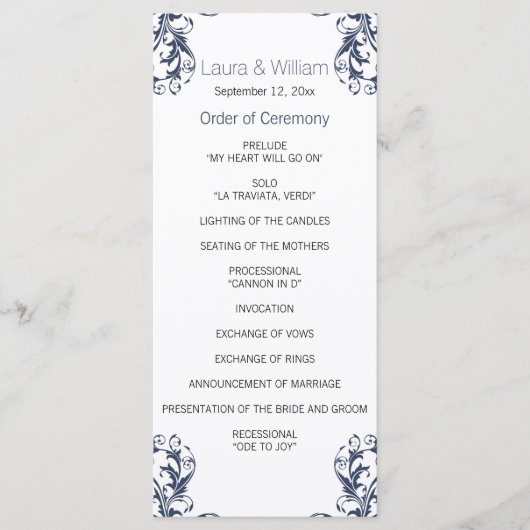 Navy Blue Damask Wedding Program Programmakaart (Voorkant)