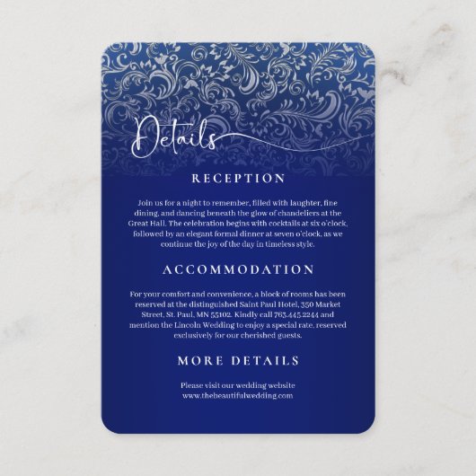 Navy Blue Damask Wedding Receptie Details Kaart (Voorkant)