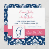 Navy Blue Damast Monogram G Save the Date Roze (Voorkant / Achterkant)