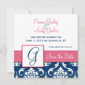 Navy Blue Damast Monogram G Save the Date Roze (Voorkant)