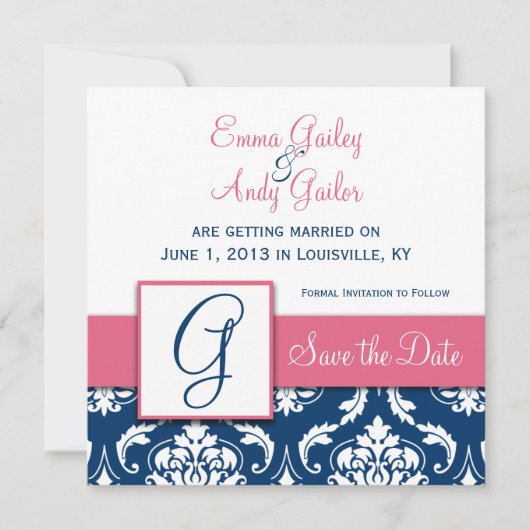 Navy Blue Damast Monogram G Save the Date Roze (Voorkant)
