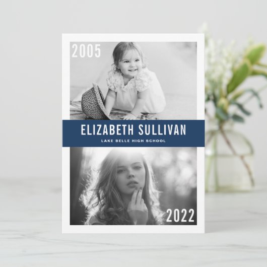 Navy Blue Dan en nu klasse 2022 Afstuderen Aankondiging (Staand voorkant)