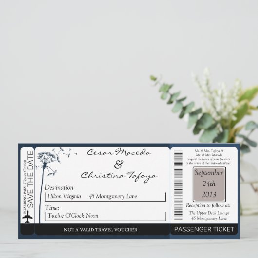 Navy Blue Dandeli Boarding Pass Wedding Invitation Kaart (Staand voorkant)