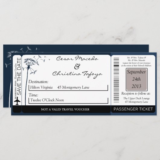Navy Blue Dandeli Boarding Pass Wedding Invitation Kaart (Voorkant / Achterkant)