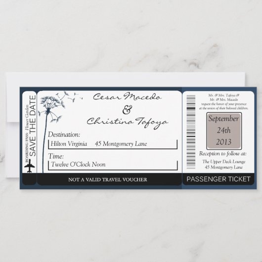 Navy Blue Dandeli Boarding Pass Wedding Invitation Kaart (Voorkant)
