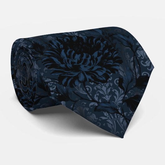 Navy Blue Dark Floral Damask Aristocrat Stropdas (Opgerold)