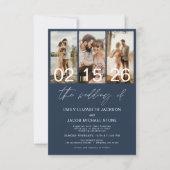 Navy Blue De bruiloft van foto QR-code Elegant Kaart (Voorkant)