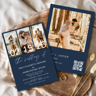Navy Blue De bruiloft van foto QR-code Elegant Kaart