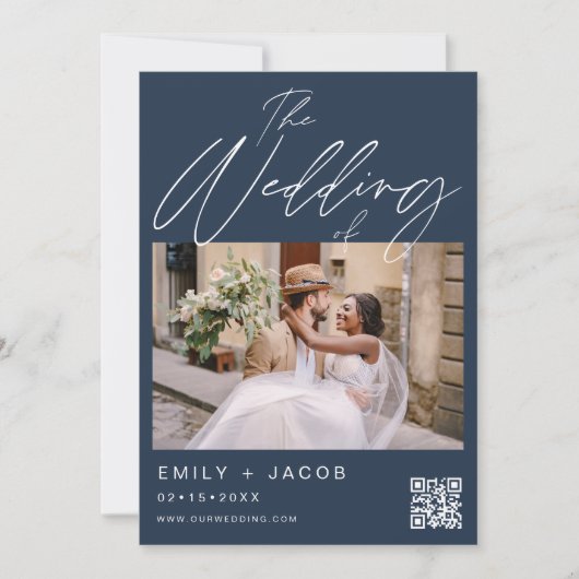 Navy Blue De bruiloft van twee foto's QR-code Kaart (Voorkant)