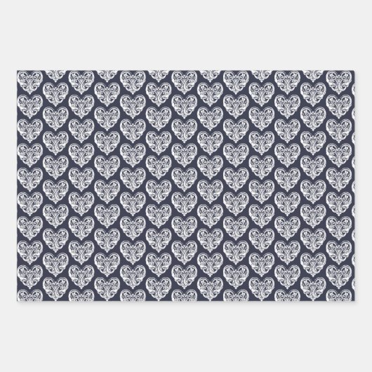 Navy Blue Decorative Heart Inpakpapier Vel (Voorkant)