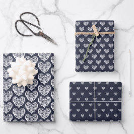 Navy Blue Decorative Heart Inpakpapier Vel