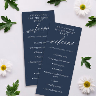 Navy Blue Delicate Calligraphy Birthday Party Programmakaart