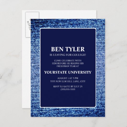 Navy Blue Denim College Trunk Party Uitnodiging Briefkaart (Voorkant / Achterkant)