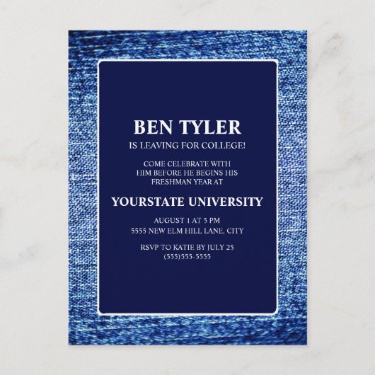 Navy Blue Denim College Trunk Party Uitnodiging Briefkaart (Voorkant)