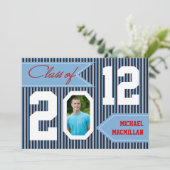 Navy Blue, Denim White Red Photo Afstuderen Invite Kaart (Staand voorkant)