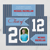 Navy Blue, Denim White Red Photo Afstuderen Invite Kaart (Voorkant / Achterkant)