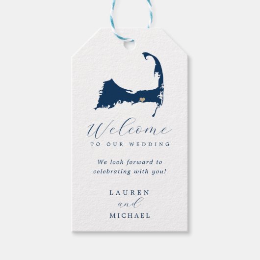 Navy Blue Dennis Cape Cod Map Gold Heart Wedding Cadeaulabel (Voorkant)