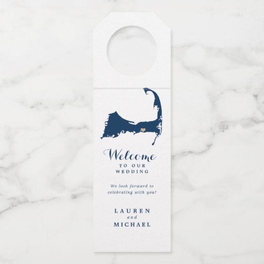 Navy Blue Dennis Cape Cod Map Gold Heart Wedding Flessenhanger (Voorkant)