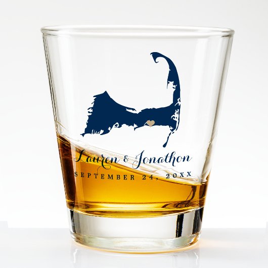 Navy Blue Dennis Cape Cod Map Gold Heart Wedding Shot Glas