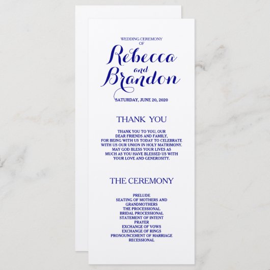 Navy Blue Designer Script Custom Wedding Program Programmakaart (Voorkant / Achterkant)
