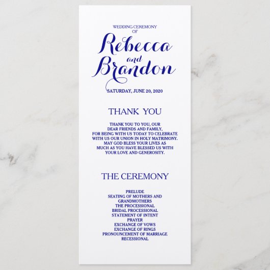 Navy Blue Designer Script Custom Wedding Program Programmakaart (Voorkant)