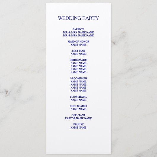 Navy Blue Designer Script Custom Wedding Program Programmakaart (Achterkant)