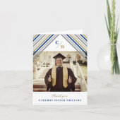 Navy Blue Diagonal Stripes Foto Modern Afstuderen Bedankkaart (Voorkant)