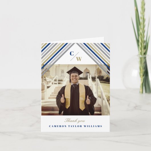 Navy Blue Diagonal Stripes Foto Modern Afstuderen Bedankkaart (Voorkant)