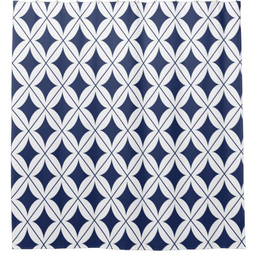 Navy Blue Diamond Design op wit Douchegordijn (Voorkant)