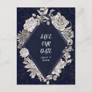 Navy Blue Diamond  Flowers Save the Date Aankondigingskaart
