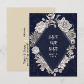 Navy Blue Diamond  Flowers Save the Date Aankondigingskaart (Voorkant / Achterkant)