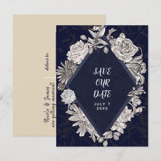 Navy Blue Diamond  Flowers Save the Date Aankondigingskaart (Voorkant / Achterkant)