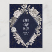 Navy Blue Diamond Flowers Save the Date Aankondigingskaart (Voorkant)