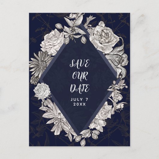 Navy Blue Diamond  Flowers Save the Date Aankondigingskaart (Voorkant)