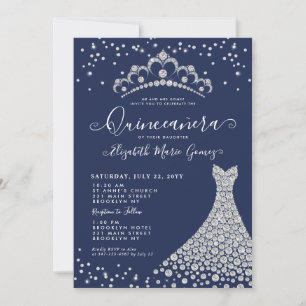 Navy Blue Diamond Sparkle Tiara Gown Quinceanera Kaart