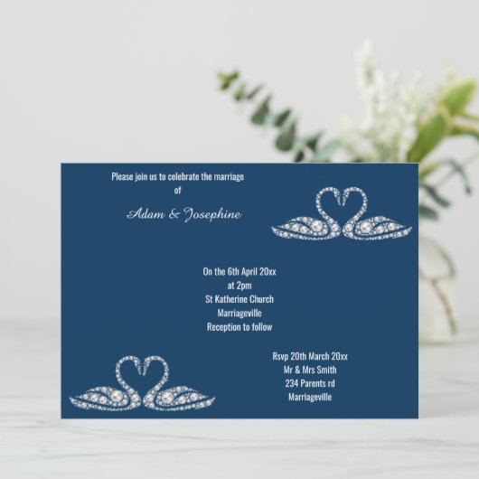 NAVY BLUE DIAMOND SWAN ELEGANT WEDING KAART (Staand voorkant)