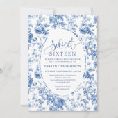 Navy Blue Digital Floral Invitation 16th Birthday Kaart (Voorkant)