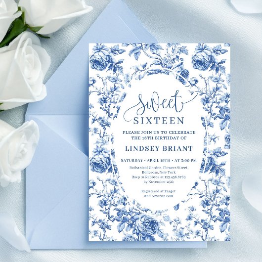 Navy Blue Digital Floral Invitation 16th Birthday Kaart