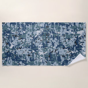 Navy Blue Digital Pixels Camouflage Decor op een Strandlaken