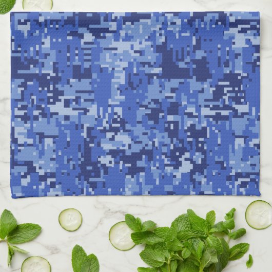 Navy Blue Digital Pixels Camouflage Texture Decor Theedoek (Gevouwen)