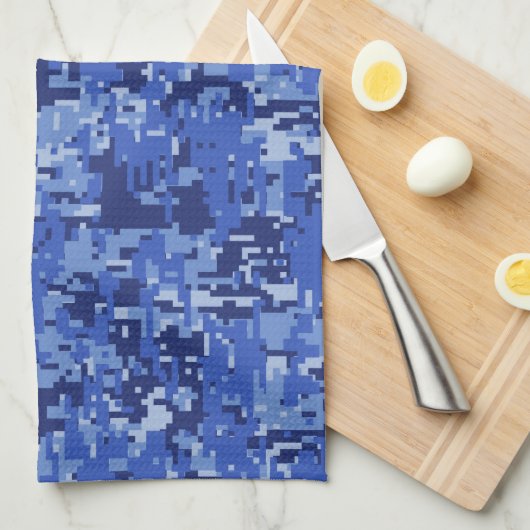 Navy Blue Digital Pixels Camouflage Texture Decor Theedoek (Quarter Fold)