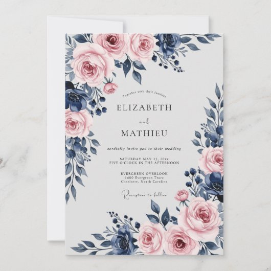 Navy Blue Divine Floral Wedding Kaart (Voorkant)