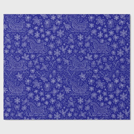 Navy Blue Doodle Christmas Sleigh Pattern Cadeaupapier (Vlak)