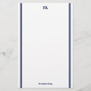 Navy Blue Double Lines Monogram en naam Briefpapier
