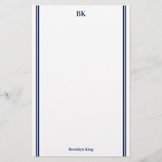 Navy Blue Double Lines Monogram en naam Briefpapier (Voorkant)
