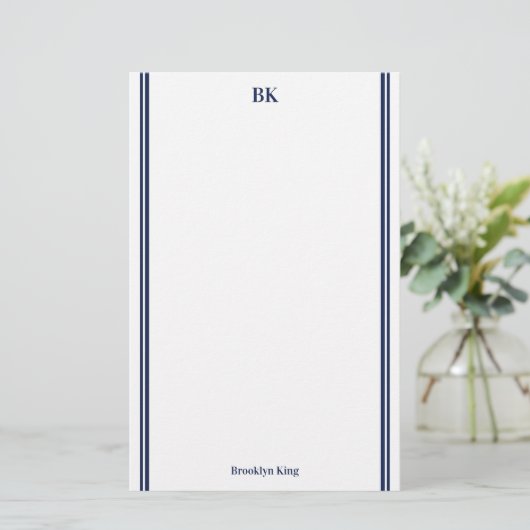 Navy Blue Double Lines Monogram en naam Briefpapier (Staand voorkant)
