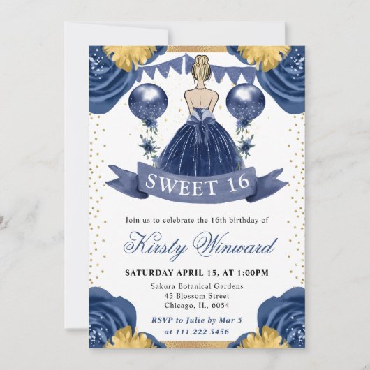 Navy Blue Dress Blonde Haired Princess Sweet 16 Kaart (Voorkant)