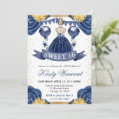 Navy Blue Dress Blonde Haired Princess Sweet 16 Kaart (Staand voorkant)