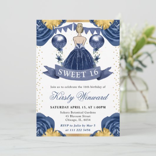 Navy Blue Dress Blonde Haired Princess Sweet 16 Kaart (Staand voorkant)