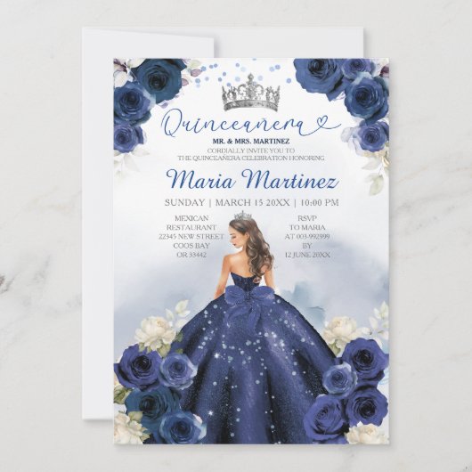Navy Blue Dress Princess Zilveren Kroon Quinceañer Kaart (Voorkant)